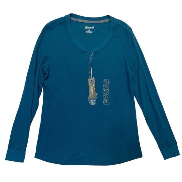 Natural Reflections Thermal Henley Top long sleeve Blue Coral waffle Size Large - Picture 6 of 6